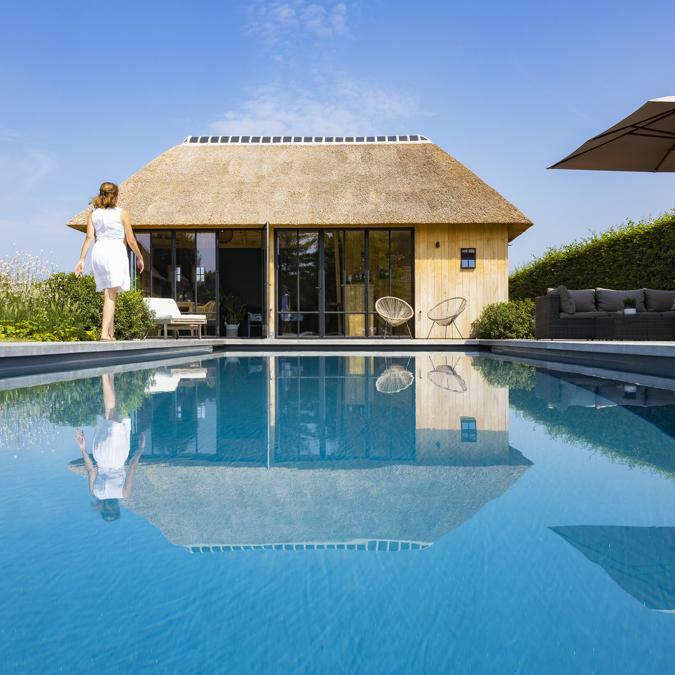 Totaalconcept - zwembad / poolhouse / tuin	Afmetingen: 10&nbsp;x 4 x 1,5 m	Kleur: donkergrijs&nb