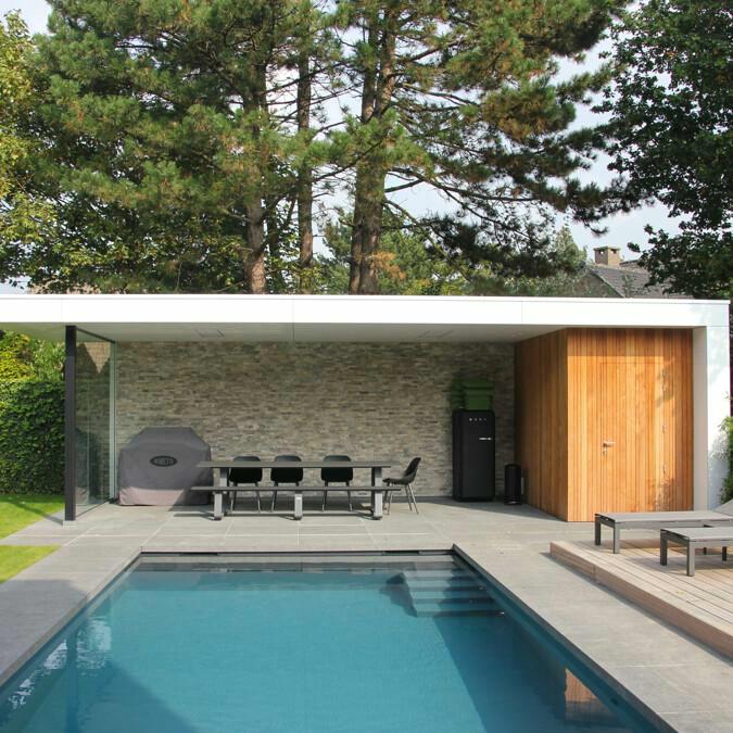 Totaalconcept - zwembad / poolhouse / tuin	Afmetingen: &nbsp;10&nbsp;x 3,6&nbsp;x 1,5 m	Bekledin