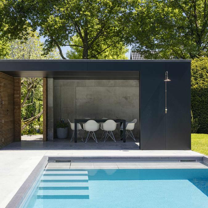 Totaalconcept - zwembad / poolhouse / tuin	Afmetingen: &nbsp;10 x 4 x 1,5 m	Bekleding: lichtgrij